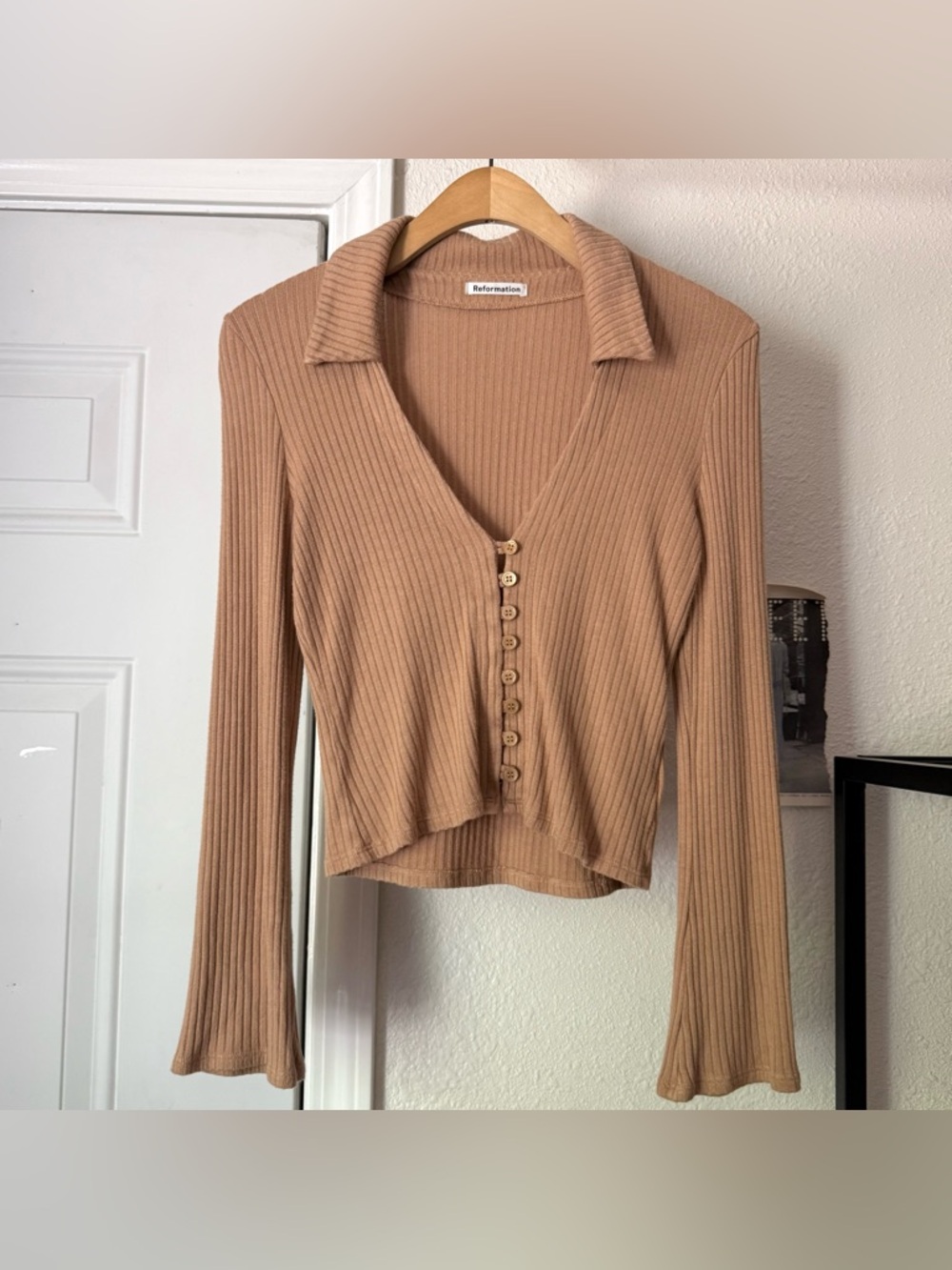 Reformation tan rib ribbed modal long bell sleeve cropped button up top